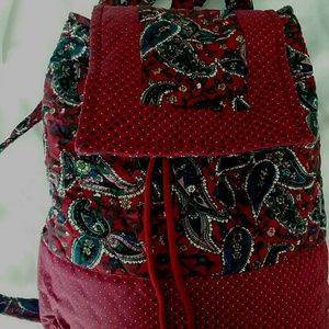 NEW Cotton Maroon/Blue Print Backpack/Tote